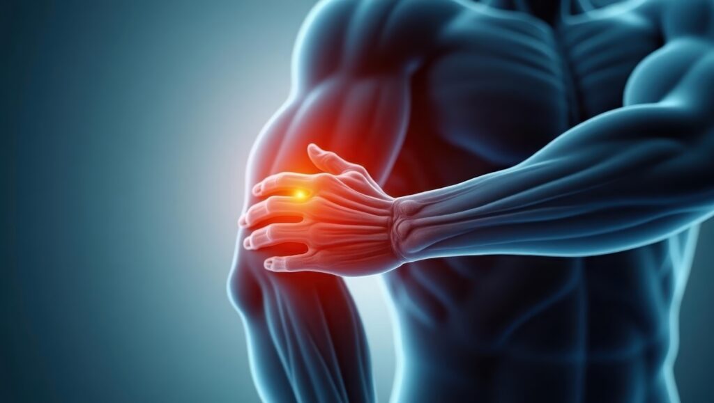 Illustration of arm and elbow anatomy with the joint highlighted to show pain and inflammation