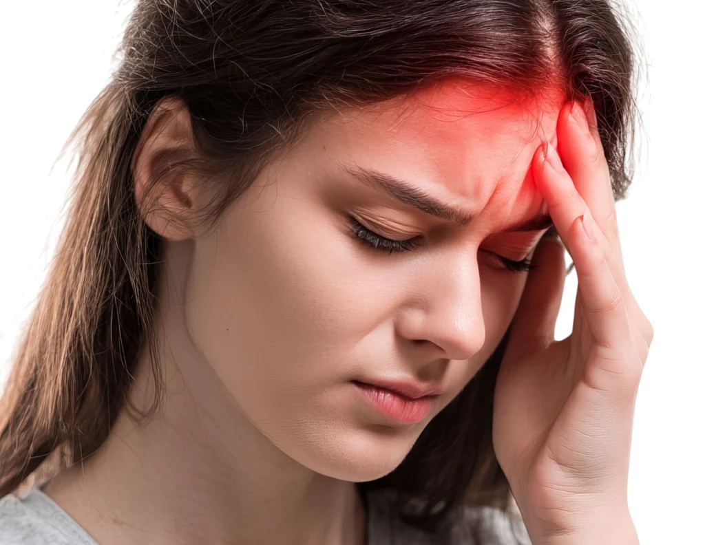 Woman holding her temple in pain, with the area of headache pain highlighted