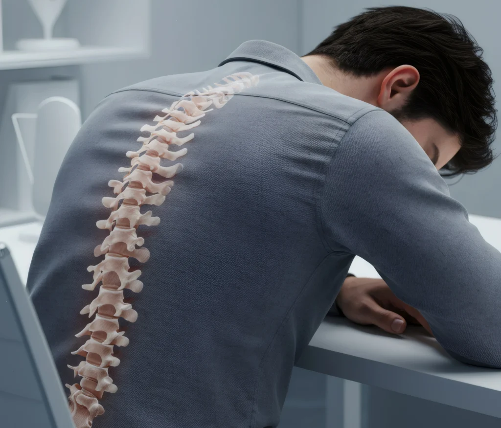 Illustration of a curved spine overlaid on a man's back, showing spinal curvature