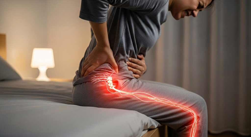 Man sitting on the edge of a bed holding his lower back, with sciatic nerve pain radiating down the leg highlighted