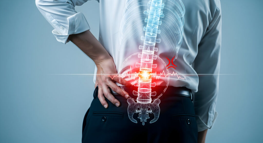 Man in business attire holding his lower back in pain, with the spine highlighted